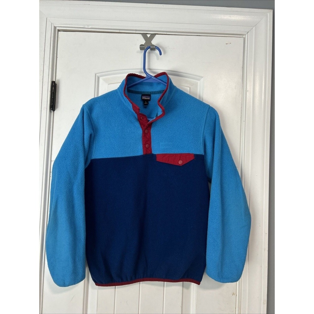 PATAGONIA Synchilla Fleece T-Snap Pullover Blue Red Colorblock Boys Sz 12 L